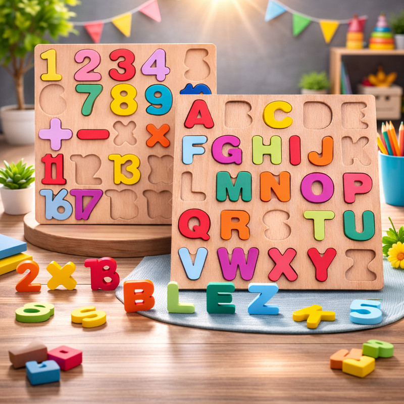 PRIVATECAVE Wooden ABC Alphabet Learning Puzzle Board with Numbers Educational Toy(Multicolor)