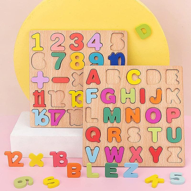 AJDK MART Colorful wooden puzzle for kids Alphabet and Number pack of 2 PIC(Brown)