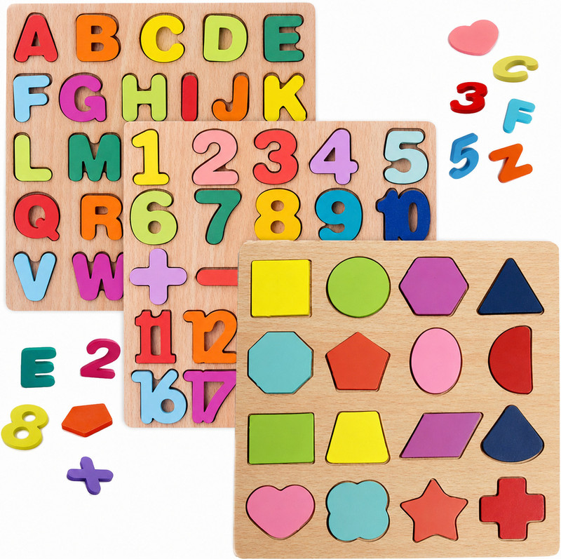 GOLDENEYEHOUSE 3-in-1 Wooden Alphabet Number & Shape Puzzle Board Educational Toy for Kids(Multicolor)