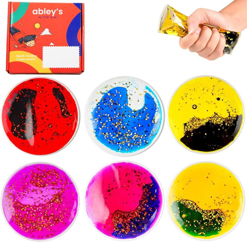 abley's Goo Glitter Sensory Gel Pads 6-Pack - Tactile Fidget Tool Goo Glitter Gag Toy