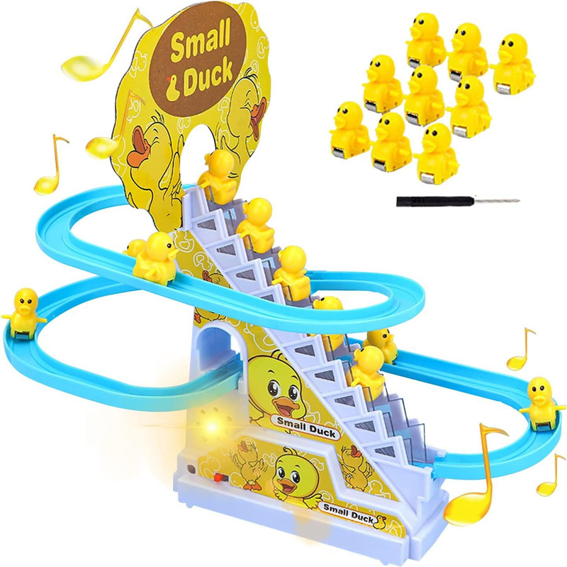 TOYSSTER Duck Climbing Stairs Track Toy Set with Lights and Music Roller Coaster(Yellow)