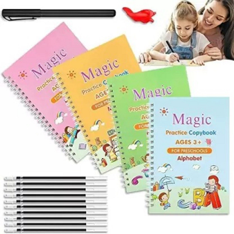 7Eleven Enterprise Magic Practice Copybook (4 BOOK + 10 REFILL+ 1 pen +1 Grip) for kids (4pc)(Multicolor)