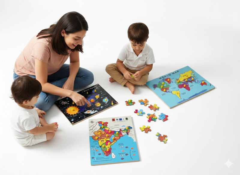 Alafi wooden combo puzzle india solar and world map learning puzzle(Multicolor)