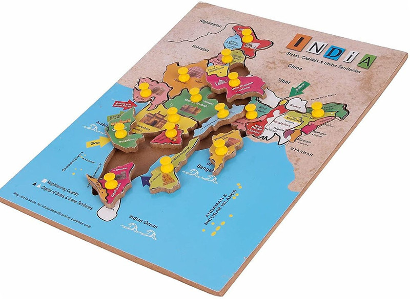 Poktum Wooden Indian Map Puzzles for Kids identifier Board Map with Knobs(Multicolor)