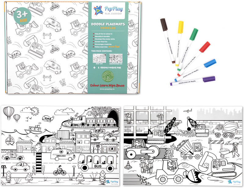PepPlay Vehicle Doodle Placemats White Reusable Coloring Activity(White)