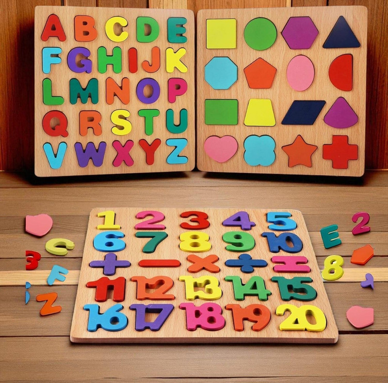 VHD Wooden Alphabet Number & Shape Learning Puzzle Board for Kids WPP18(Multicolor)