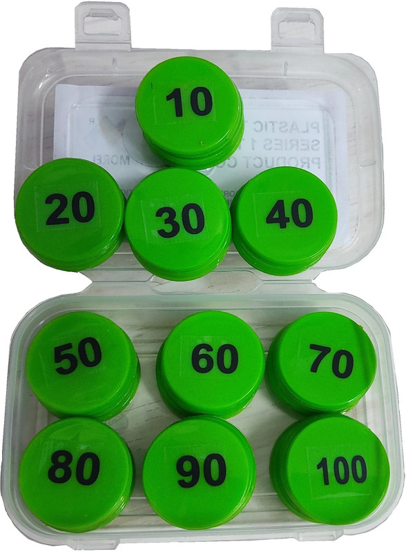 MOREL PLASTIC NUMERICAL TOKEN COINS ( 1 TO 100 ) ROUND SHAPE PLASTIC TOKEN, (GREEN)(Green)