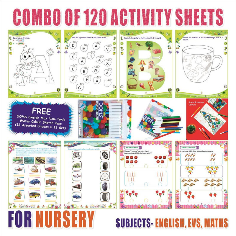smartbooks Nursery Activity Sheets (120 Pages)|Learning & Creativity|10 Mini Color Pencil(Multicolor)