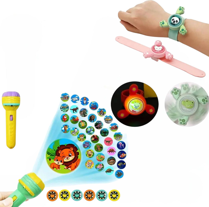 Thoshinitraders Combo Of 2 - Projection Flashlight and Spinning Slap Band with LED Light(Multicolor)
