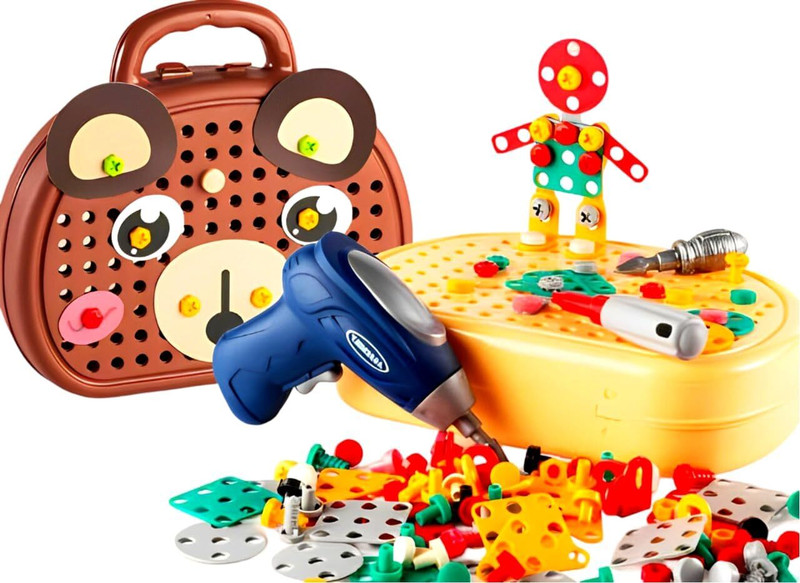 Toy Street Creative Toolbox with Toys Electric Drill Screwdriver Tool Set Puzzle Toy(Brown)