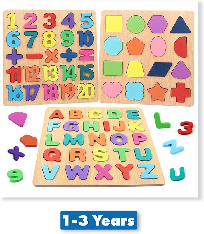 AJDK MART Toys 3 in 1 Wooden Puzzles for Toddlers |ABCD ,ALPHABET ,SHAPE(Multicolor)