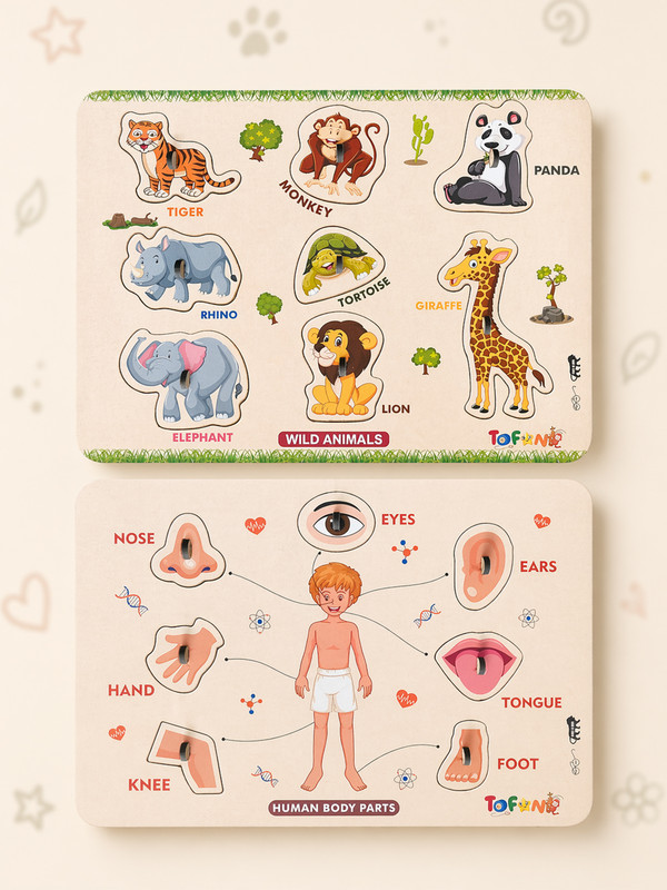 TOFANI Wooden Puzzle Pack of 3 | Wild Animals | Body Parts | Alphabets | Learning Toy(Multicolor)