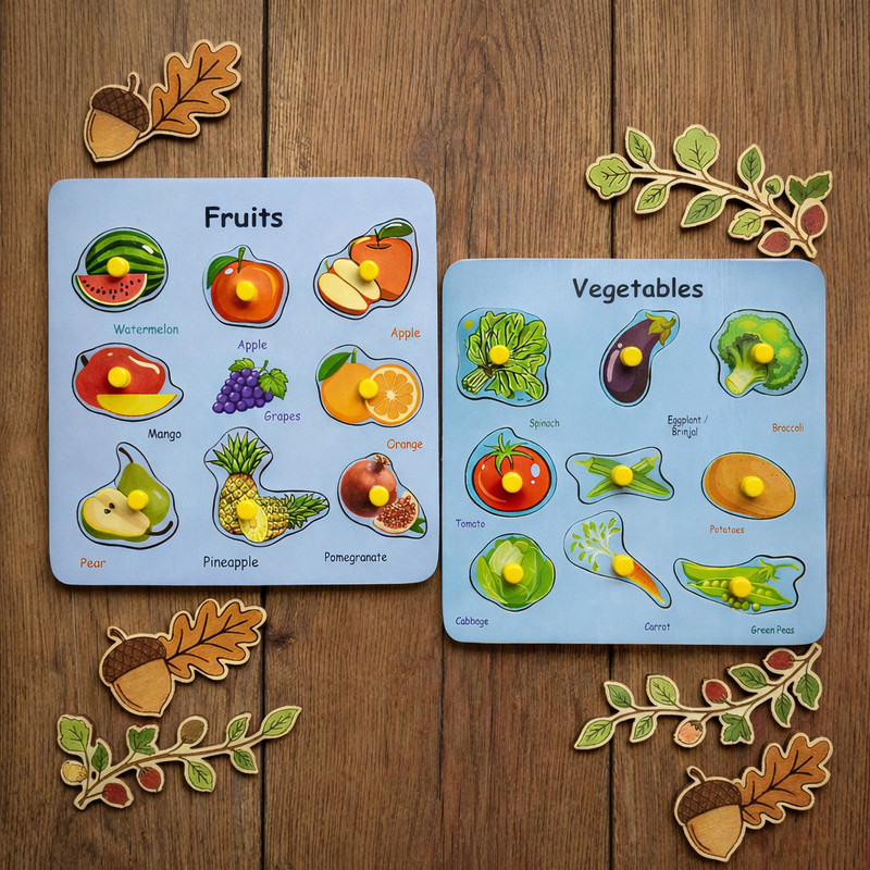 BOZICA Learn Fruits & Veggies with This Hands-On Wooden Puzzle(Multicolor)