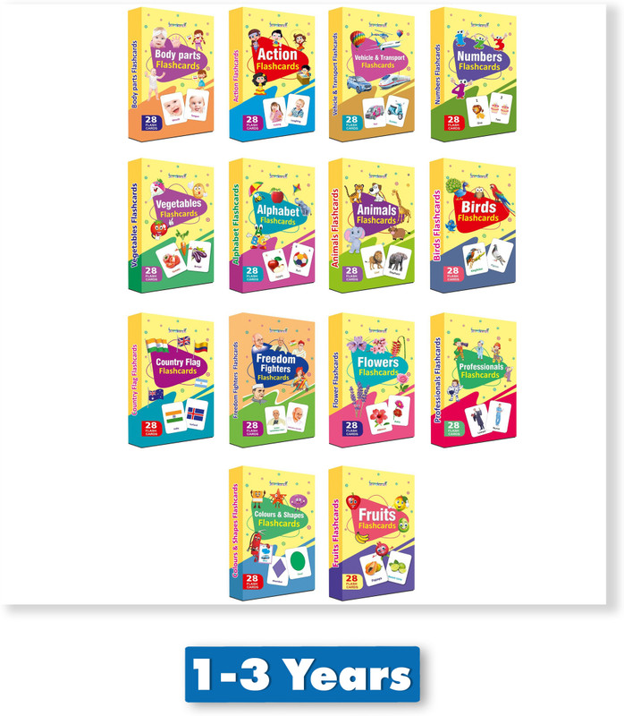 gurukanth Alphabets, Fruits, vegetables, Colors and Shapes, Birds, Animals, Professions, Numbers, Body Parts, Actions, Vehicles, World Country Flags, Freedom Fighters, Flowers Flash Cards Early Learning Flash Cards For Kids Easy & Fun way of Learning-2yr-8yr Kids (Set of 14 - Combo pack - 392 Flash