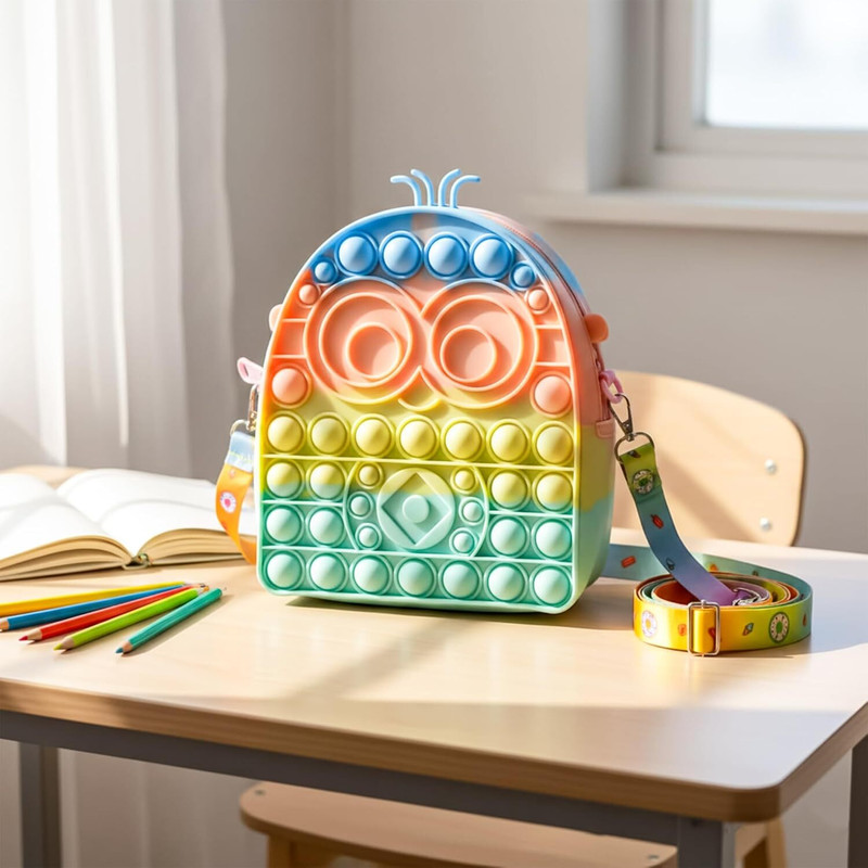 CLAPONE Owl Shape Pop It Sling Bag for Kids Rainbow Silicone Crossbody Bubble Pop It(Multicolor)