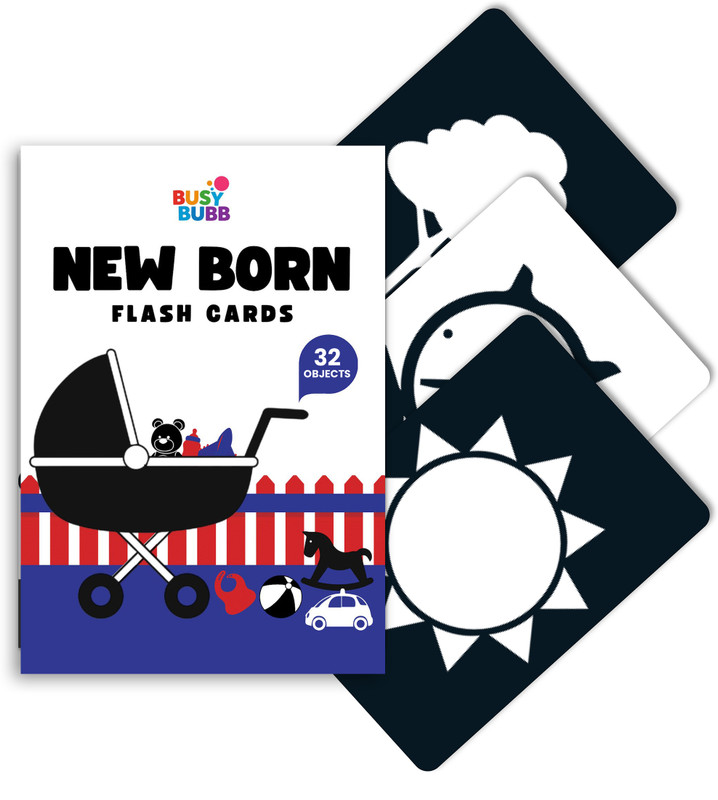 Busy Bubb High Contrast New Born Flash Cards for Kids | 32 Objects for Visual Stimulation(White)