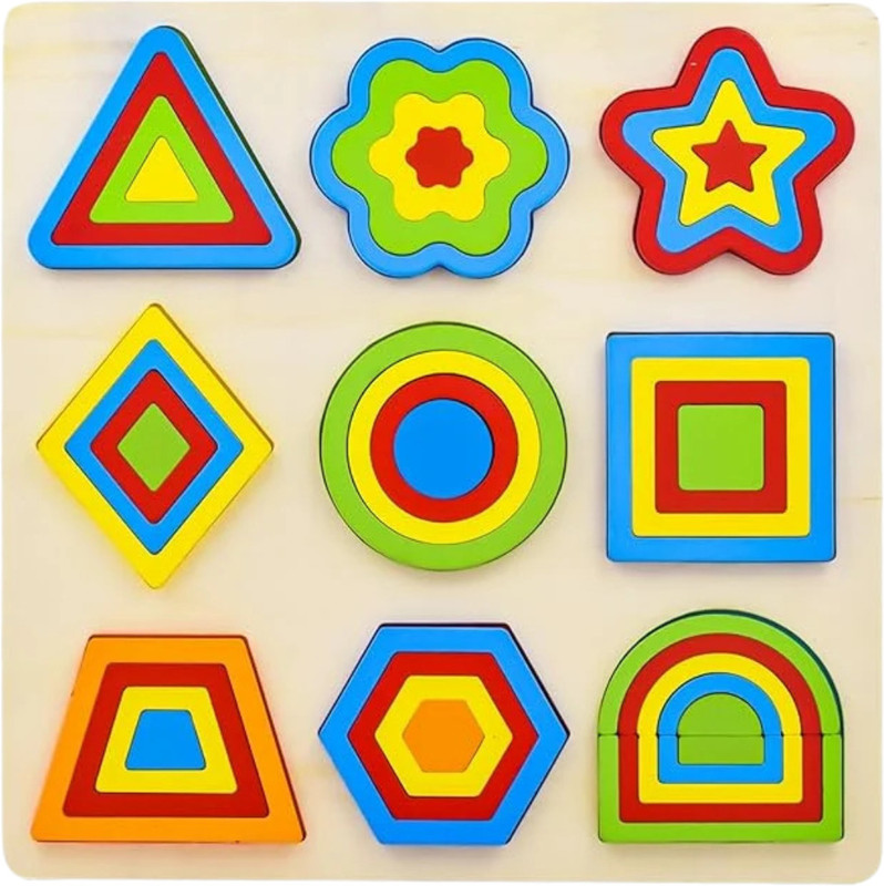MARA BOMMAI Wooden Geometric Shape Sorting Puzzle Board with 9 Shapes and 4Piece Layers Each(Multicolor)
