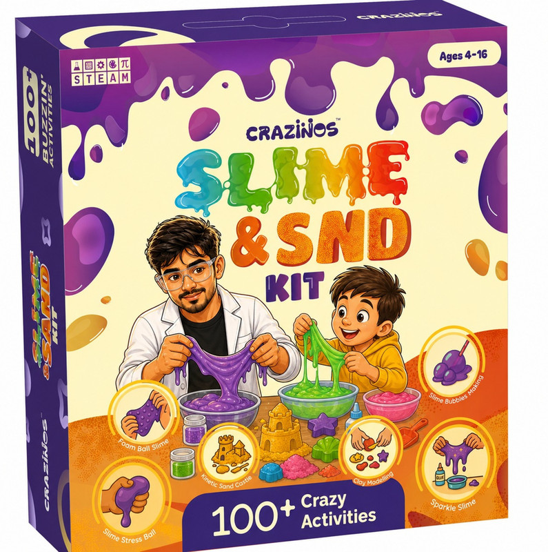 Crazinos Slime, Kinetic Sand & Clay Kit 100+ STEM Activities Gift Fun Learning Toy 4-16(Multicolor)