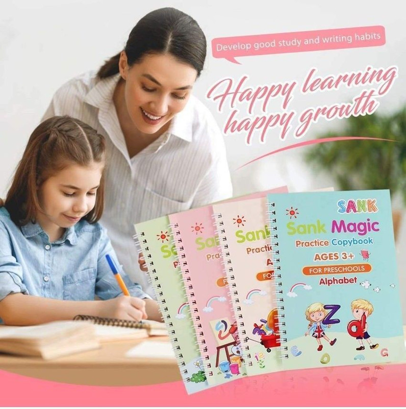 Anksh Magic Practice Copybook, (4 Books + 1 Pen + 10 Refill) Number, Alphabet, Math(Multicolor)