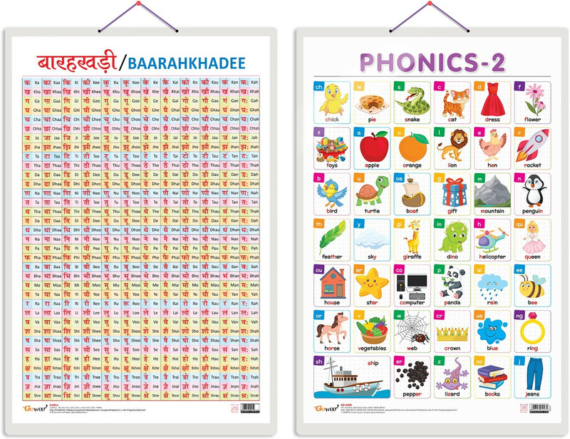GO WOO Pack of 2 Baarahkhadee and PHONICS - 2 Educational charts(Maroon)