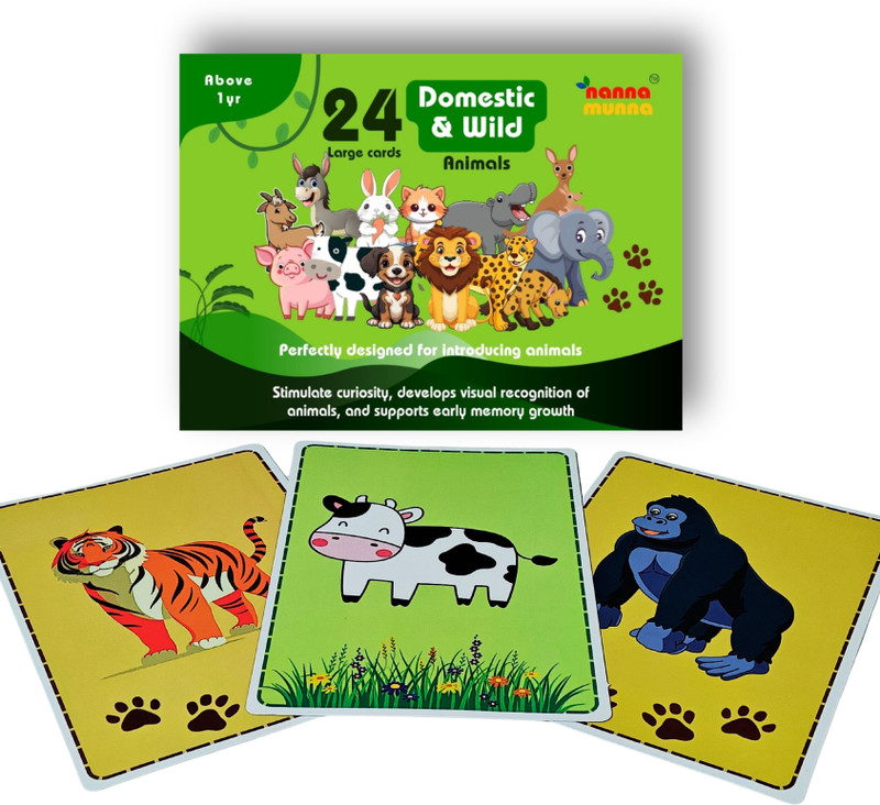 NannaMunna Animals Flash Cards for Kids | 24 Large Flashcards (Domestic & Wild Animals)(Green)