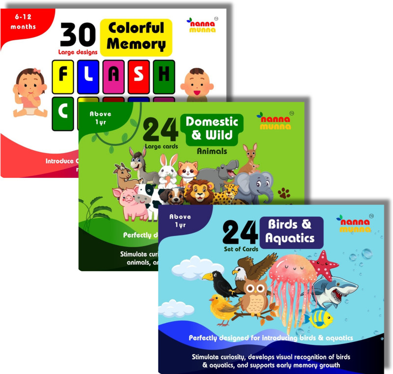 NannaMunna 3-in-1 Flash Cards Combo (15 Colorful + 24 Animals + 24 Bird & Aquatic Creature)(Red, Green, Blue)