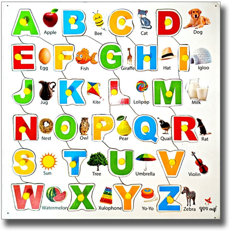 YDV CRAFT WOODEN ABCD KNOB CAPITAL PUZZLE WITH SMALL ALPHABETS PRINTED 26 pcs(Multicolor)
