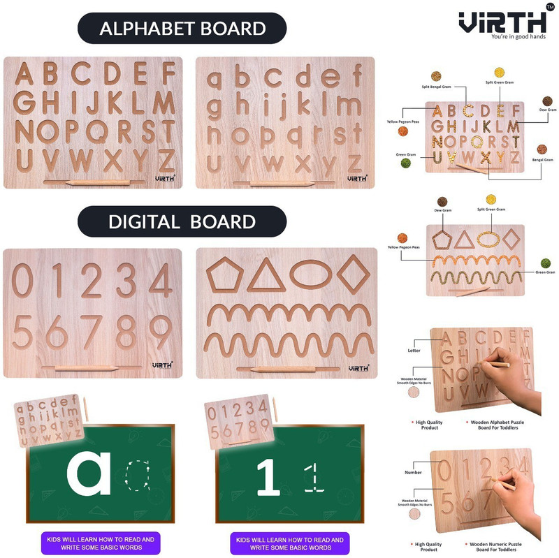 Virth 4 IN 2 Combo English Alphabet, Number and Patten Board|Capital Word "ACBD", Small Word "abcd" and Number "0 To 9", Curve Pattens|Educational Puzzle Toys, Teach your Child about Alphabets, Number and Patten Board for 2+ Years Old Kids(Brown)