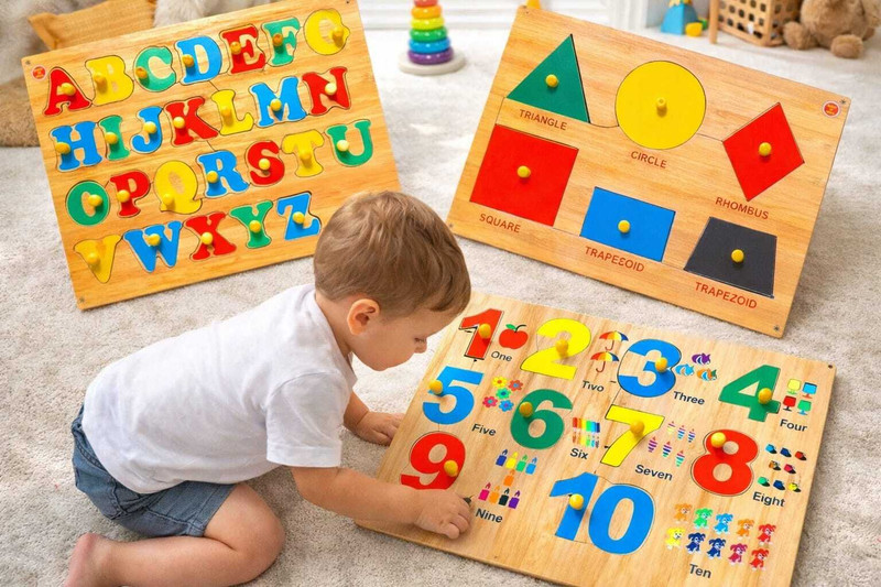 VSINDIA Durable Wooden Learning Puzzle Combo – Alphabet A-Z, Numbers 1-10 & Shapes Set(Multicolor)