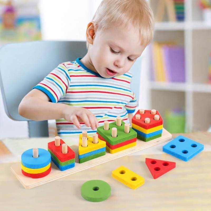 PLAYFULL Wooden Rectangle Montessori Stacker Unique Geometric Blocks Shape(Multicolor)