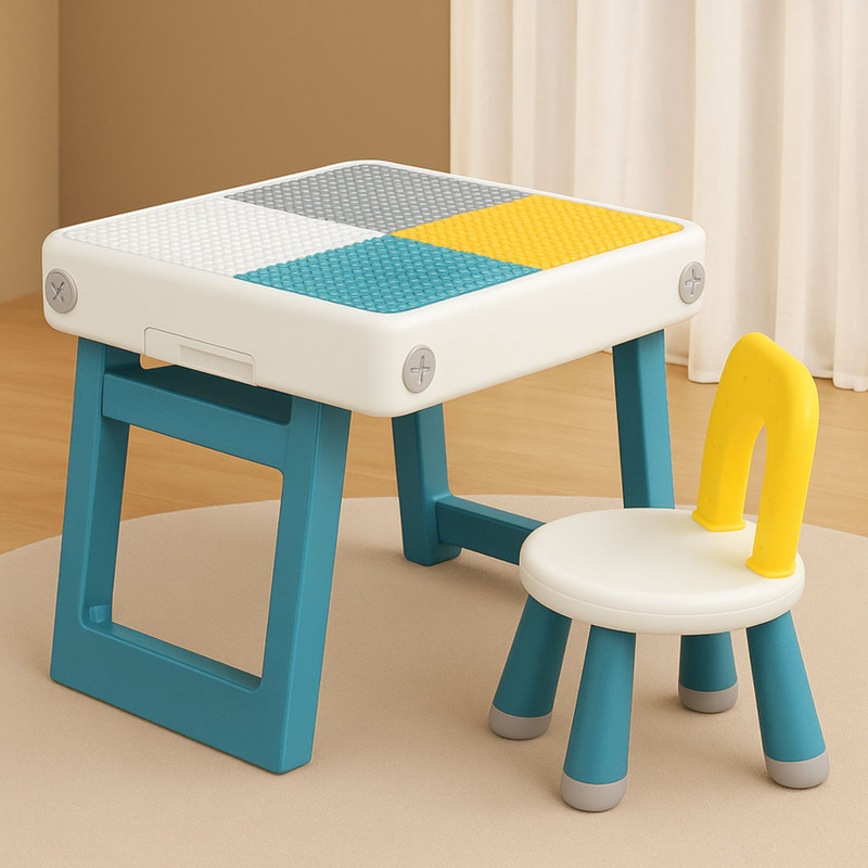 Little Olive Multi-Activity Kids Table & Chair Set – Block Play, Study, Storage, Fun Combo(White, Blue, Yellow)
