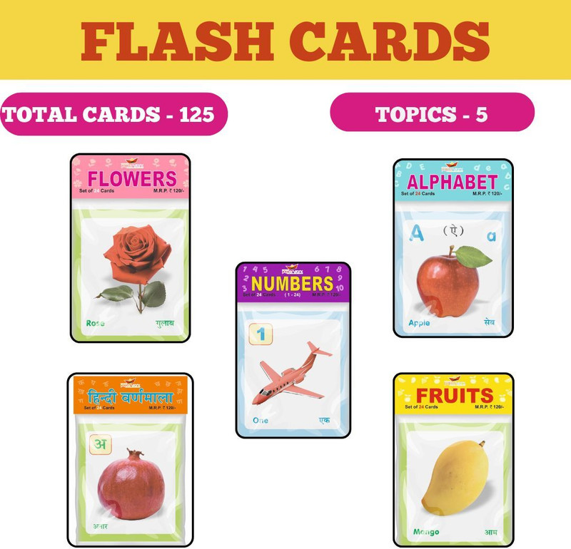 Indianbookdepot IBD Kids Learning Flash Cards: ABC, Numbers, Hindi, Fruits & Flowers – 125 Cards(White)