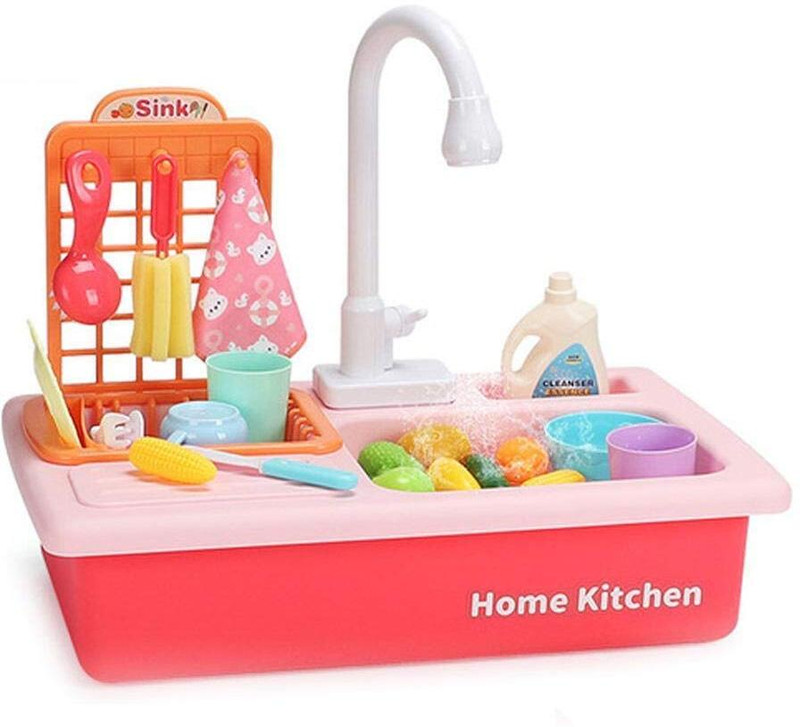 Pulsbery Play with Kids Kitchen Sink Real Water set,Pretend Play Washing Toys for kids Water Gun(Pink)