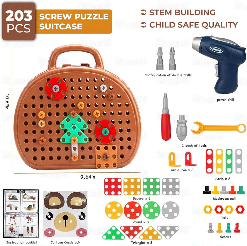 KIZZU TOYS 203Pcs Creative Drill Set Educational Toy with Electric Drill, Screwdriver(Multicolor)
