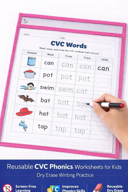 NEWERAHIT Reusable CVC Phonics Worksheets for Kids – Dry Erase Writing Practice Sheets(Pink, Blue)