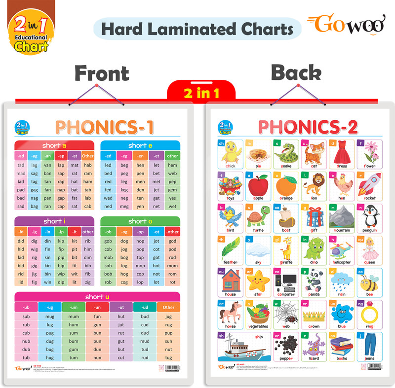 GO WOO 2 IN 1 PHONICS 1 AND PHONICS 2 Educational chart with Lamination(Red)