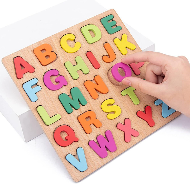 ZEQTOS Wooden 3D Capital Alphabets, Numbers, and Shapes Board Puzzle Toy for Kids(Beige)