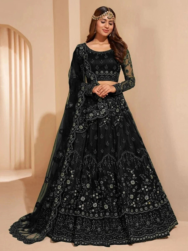Udbhav Export Embroidered Semi Stitched Lehenga Choli(Black)