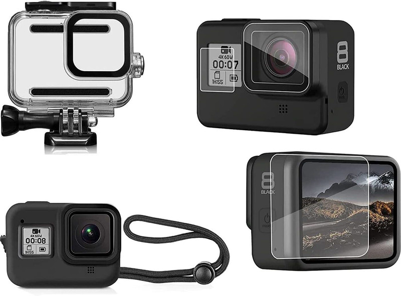 Action Pro Camera Accessories Kit Protective Frame, 9H Tempered Glass and Silicon Case Compatible with GoPro Hero 8 Black Lens Cap(Black)
