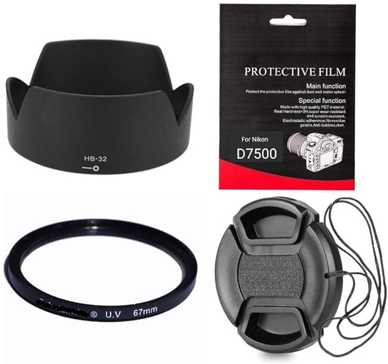 SUPERNIC Combo for Nikon D7500 (HB-32 Lens Hood + 67mm UV Filter + Lens Cap and Tempered) Lens Hood(67 mm, Black)
