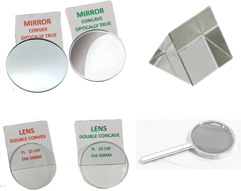 SBT Set of 50 mm Concave and Convex Mirror, 50mm Optical Glass Double Concave and Convex , 38MM Prism, Plastic Magnifying Glass for DIY Experiments ((Focal Length -20 cm)) Macro Zoom  Lens(White, CM mm)