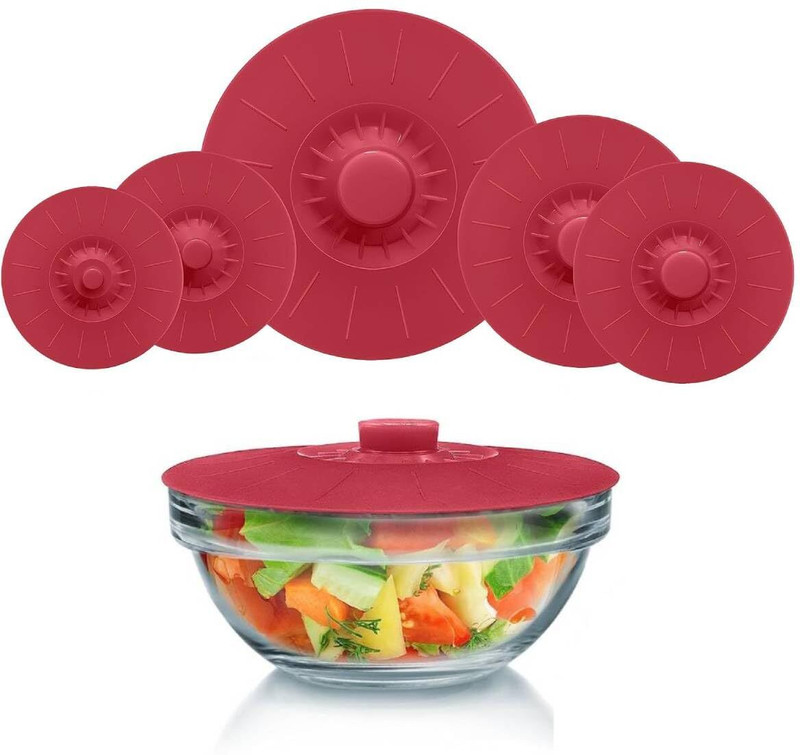 HANNEA Silicone Lid Set of 5 Reusable Heat Resistant Bowl and Pot Covers Red 0 inch Lid Set, Pack of 5(Silicone)