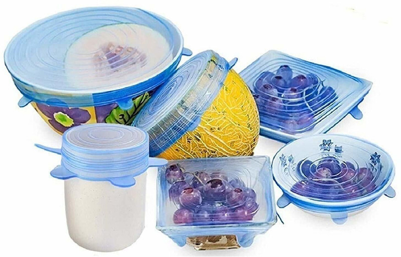 Mirakia Silicone lids and cover This silicone lids are made of durable silicone provides the strong stretchable fit to the odd shape and size container. Features: the silicone storage covers come in 6 sizes so there's always one that fits. Silicone tops are round yet stretchy enough to fit snugly ov