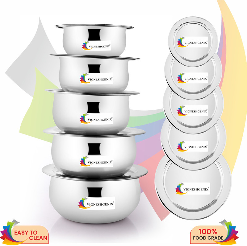Vigneshgenix PLAIN HANDI Set VIGNESH GENIX Handi 0.4 L, 0.6 L, 0.8 L, 1.1 L, 1.5 L with Lid(Stainless Steel, Induction Bottom)