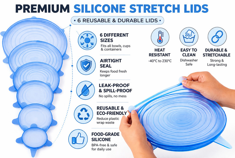 maukir Silicone Stretch Lid 15 inch Lid Set, Pack of 6(Silicone)