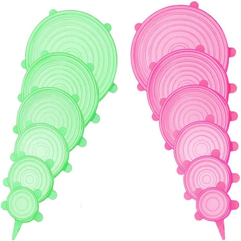 HAPPIEST CREATIONS Set of 12 Pcs Green & Pink Silicones Stretch Lids, Zero Waste Reusable Silicons 5.7 inch Lid Set, Pack of 12(Silicone)