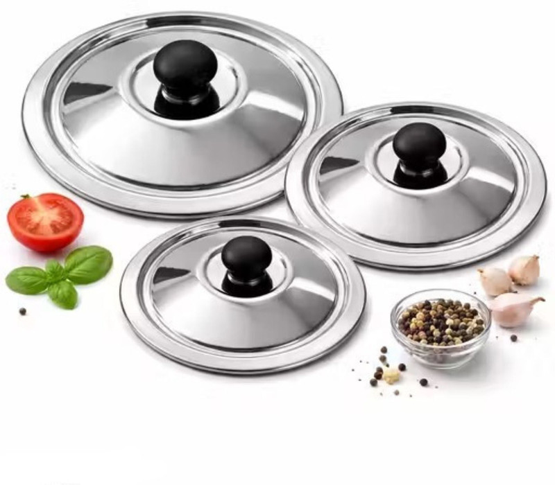 SBHOMEAPPLIANCES Lid with Knob for Vessels/Pot, Kadai.450gm approx 11 inch Lid Set, Pack of 3(Stainless Steel)
