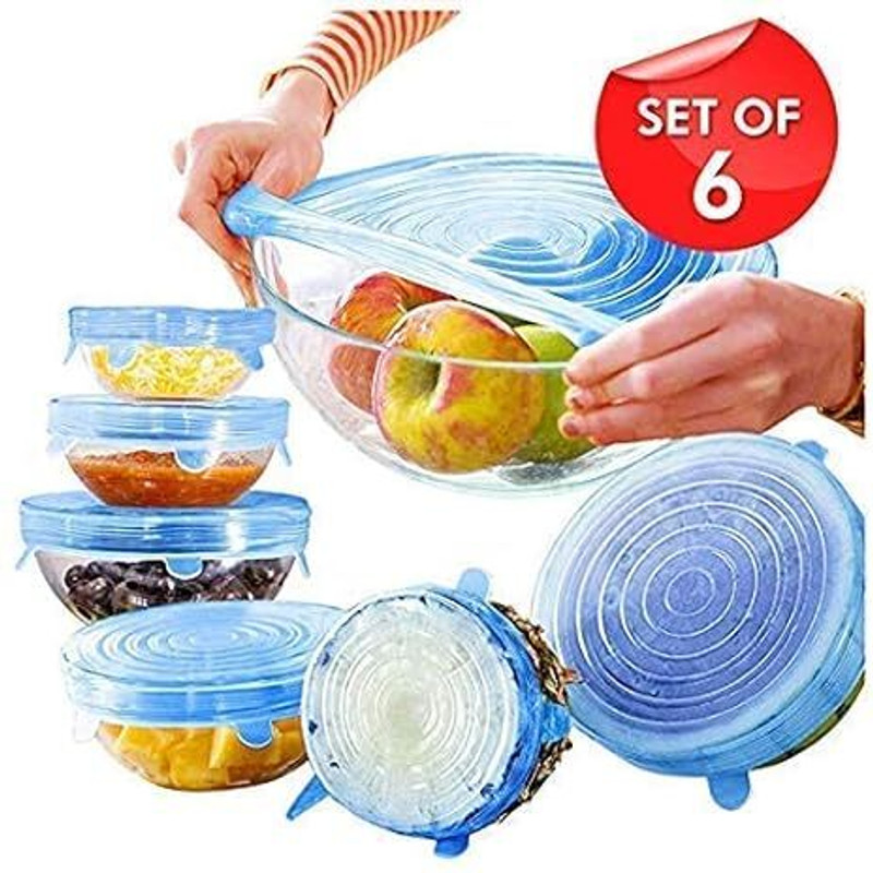 RAVARIYA Silicone Reusable Safety Stretch Dishwasher Microwave Flexible Lids 10 inch Lid Set, Pack of 6(Silicone)