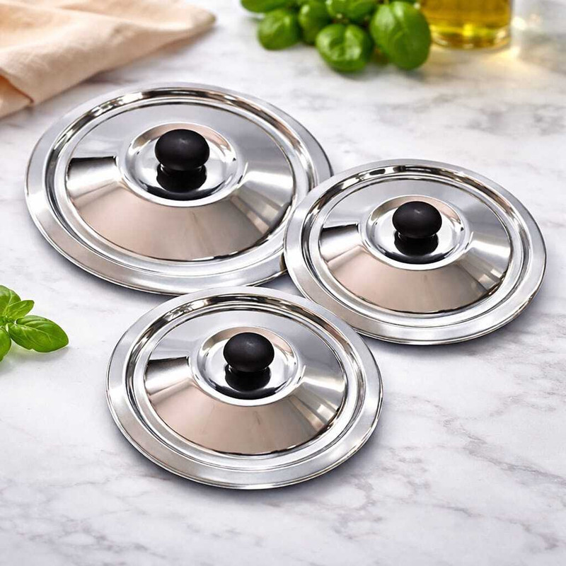 SBHOMEAPPLIANCES Stainless steel SS lid with knob Standrad quality.Kadai Dhakkan 11 inch Lid Set, Pack of 3(Stainless Steel)