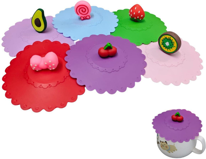 Tlismi Cute Flexible Food Grade Cup Lids Anti-dust Leakproof Airtight Mug Covers 4 inch Lid Set, Pack of 6(Silicone)